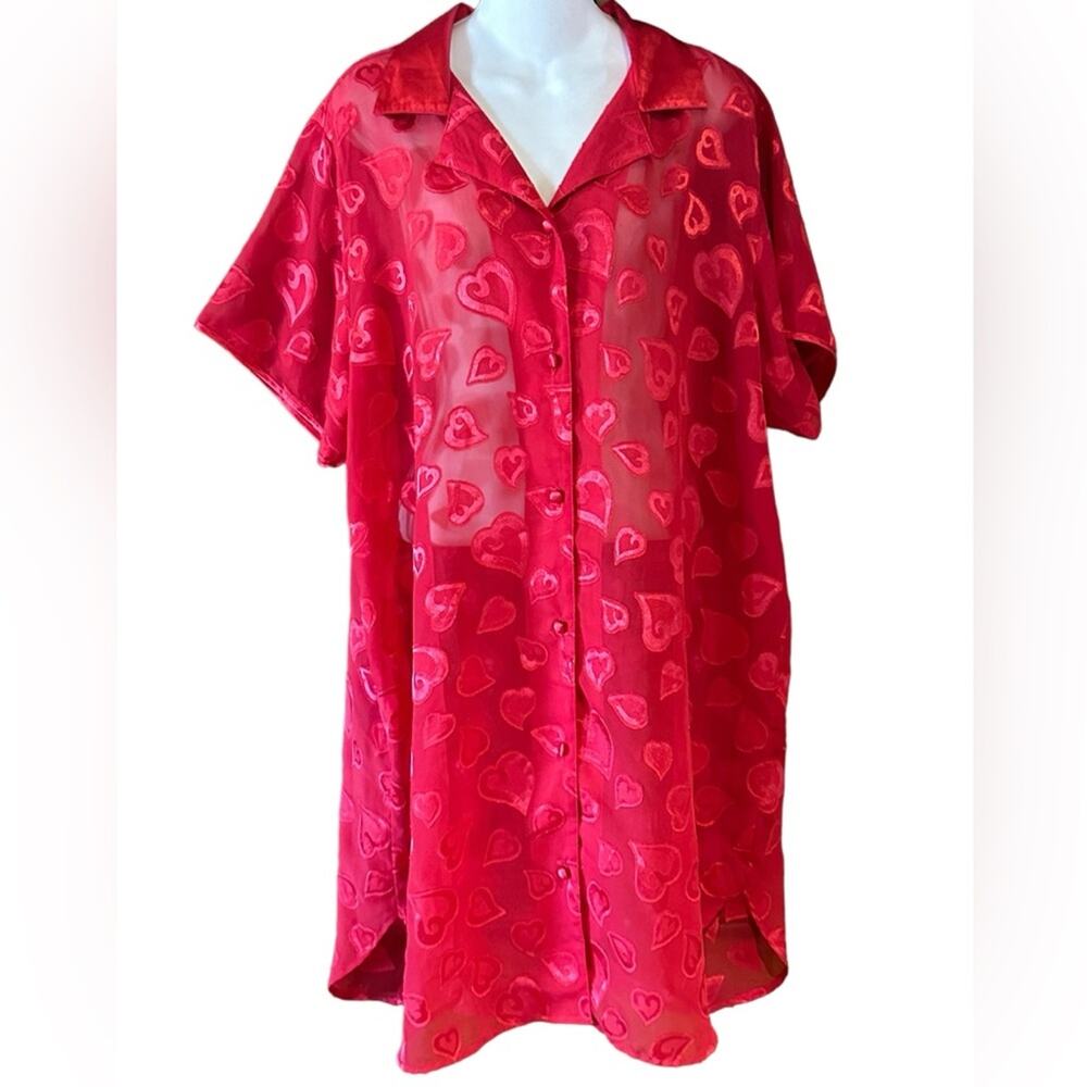 Sophia by Delicates Women’s XL Sheer Red Valentine Button Up Short Gown